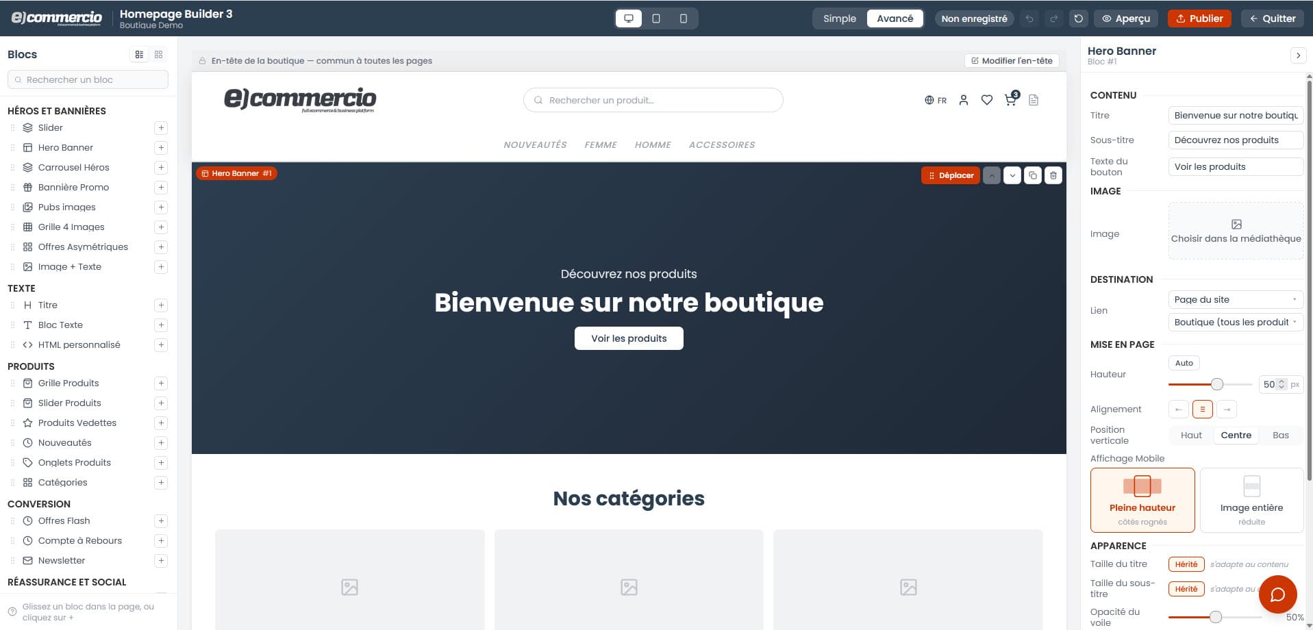 Capture — éditeur Homepage Builder